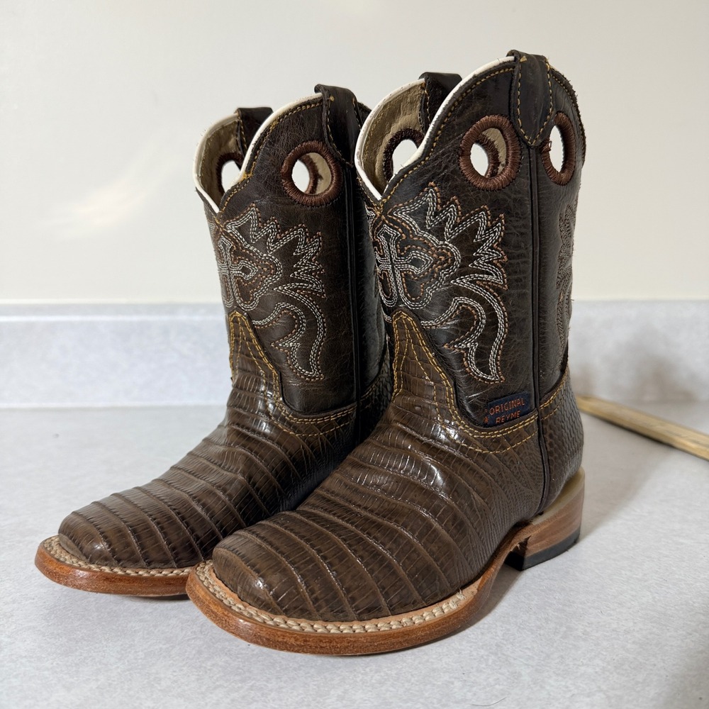 Reyme Kids Brown Western Cowboy Boots Faux Caiman Square Toe Size 16.5